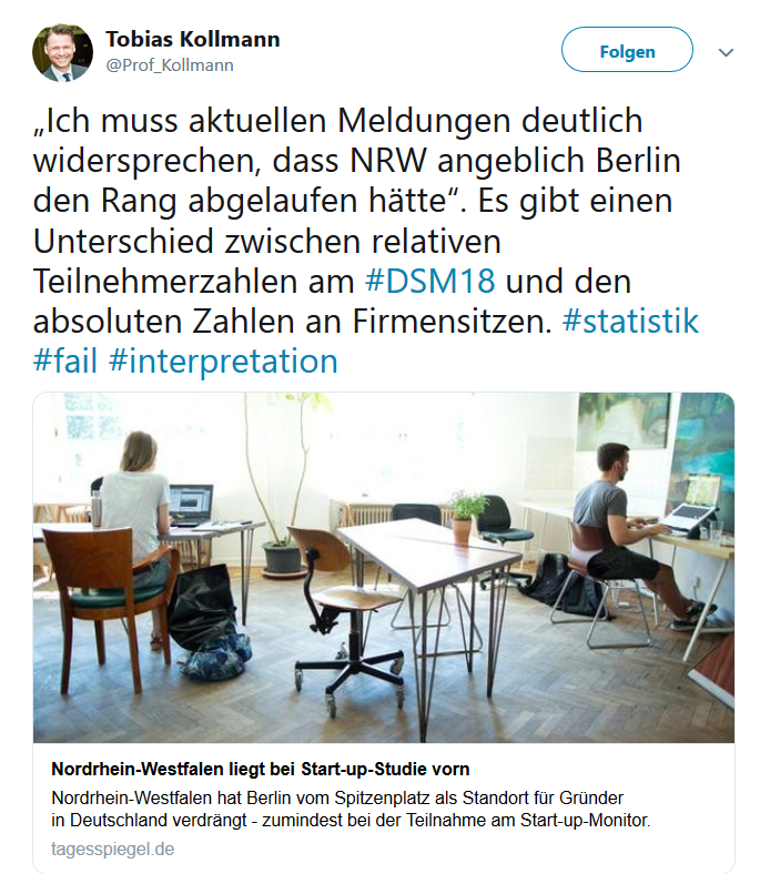 Tweet Kollmann deuter Startup Monitor 2018